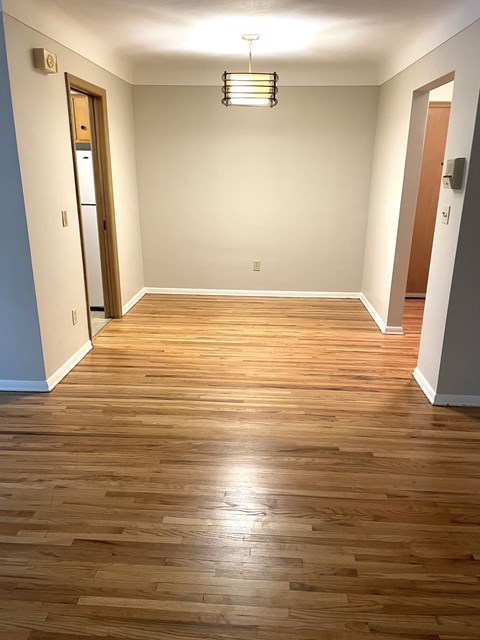 A room with wooden floors and a light hanging from the ceiling.